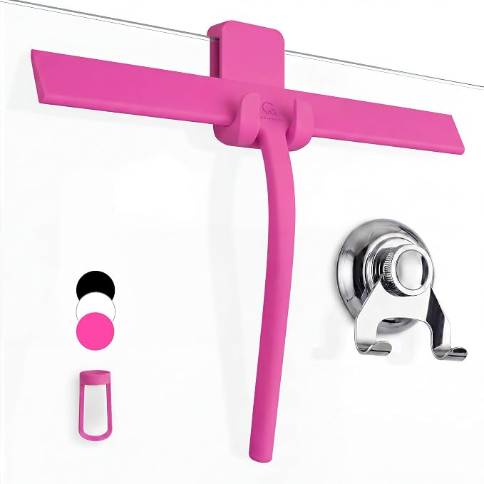 Silicone Shower Squeegee with 3-in-1 No-Drill Mount, Pink, 15'' | Squeegee for Glass Doors & Mirrors with Stainless Steel Core, Streak-Free & No-Squeak Window Cleaning, Hook/Suction/Adhesive
