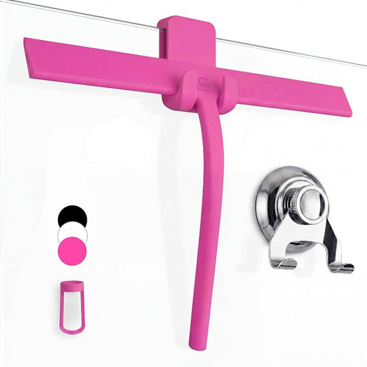 Silicone Shower Squeegee with 3-in-1 No-Drill Mount, Pink, 15'' | Squeegee for Glass Doors & Mirrors with Stainless Steel Core, Streak-Free & No-Squeak Window Cleaning, Hook/Suction/Adhesive