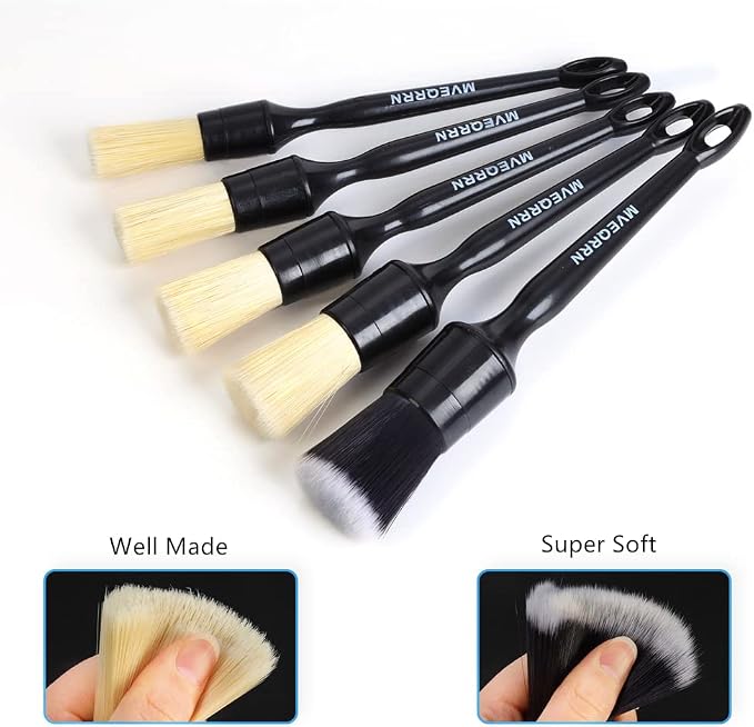 MVEQRRN 5pcs Car Detailing Brush Set,Boar Hair Detailing Brushes | Ultra Soft ,Scratch-Free,Auto Detail Brush for Leather Seats,Detail Brushes Car Detailing for Interior Exterior