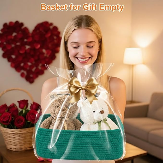3Pack Small Woven Storage Baskets for Shelves Organizing | Cotton Rope Closet Organizer Bins, Basket for Gifts Empty, Nursery, Living room, Dog Toy Basket 13.2x8.2x5.2 in, Green