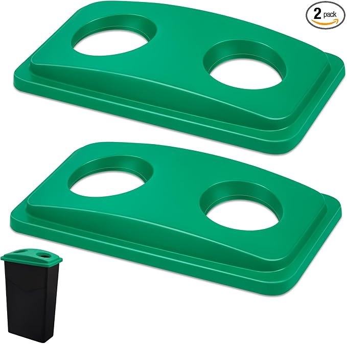Maxdot 2 Pack Recycle Bin Lids Each with Two Bottles & Cans Openings, Green | Plastic Fit 23 Gallon Slim Trash Can, for Waste Recycling Sorting, Kitchen Classrooms Offices Outdoor