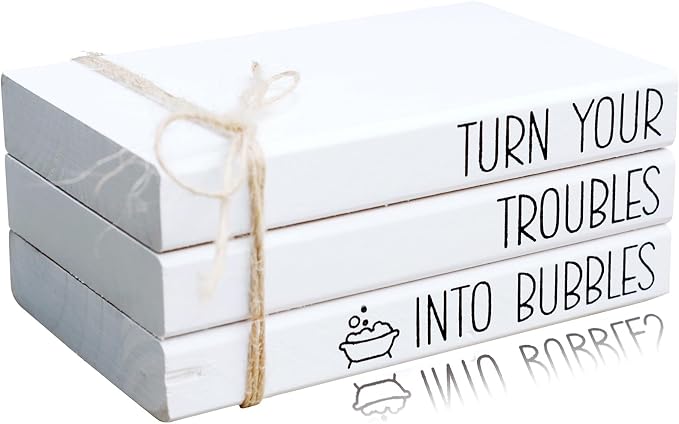 Mini Farmhouse Bathroom Decor - Funny Rustic Wooden Decorative Books Stack for Restroom Shelf Decor - Turn Your Troubles into Bubbles Sign