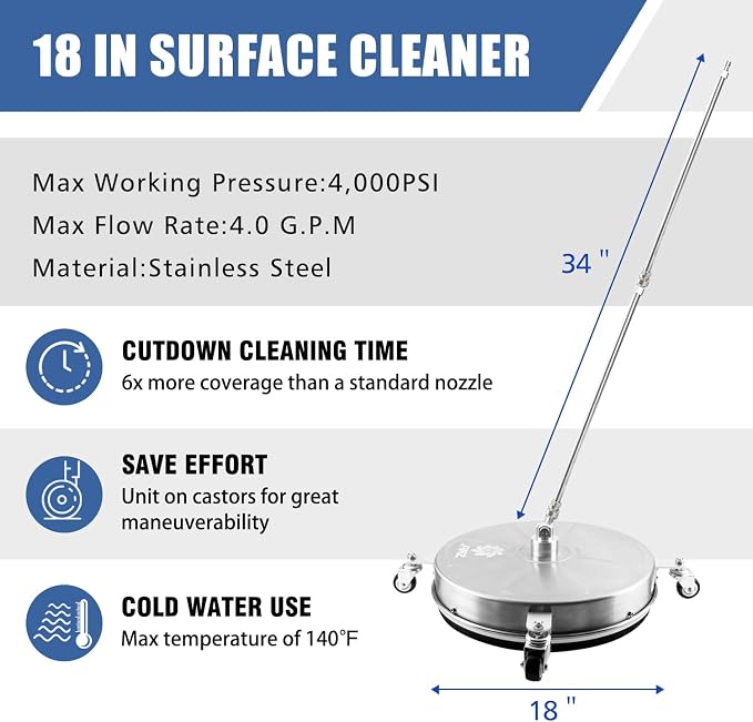 JANZ 18'' Pressure Washer Surface Cleaner | 4 Wheels, Stainless Steel Housing, 1/4'' Quick Plug, 2 Extension Wands, 2 Replacement Nozzles and 3 Spray Nozzles,4000 PSI