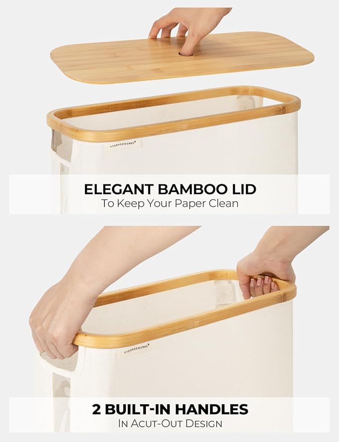 StorageWorks Toilet Paper Storage Basket with Bamboo Lid & Window | See Rolls at a Glance with Clear Window, Holds 16 Regular or 12 Mega Rolls for Bathroom Toilet Paper Storage, Beige