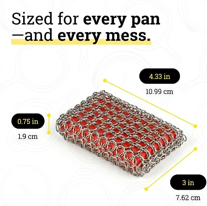 Lodge Chainmail Scrubbing Pad, Stainless Steel, Red | Heavy Duty Stainless Steel Cast Iron Scrubber with Silicone Grip, Reusable Cleaning Pad for Cookware & Kitchen