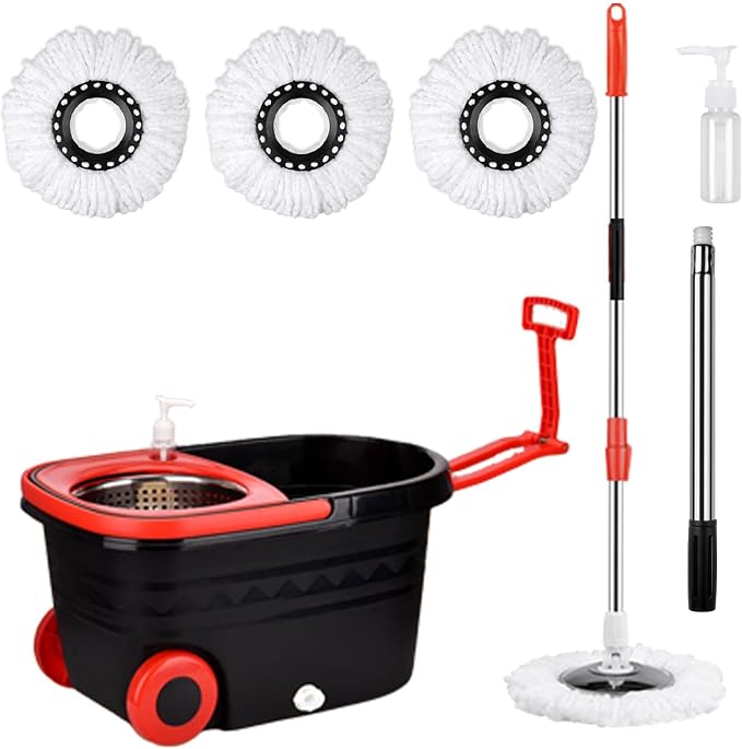 Spin Mop and Bucket with Wringer Set on Wheels, 3 Mop Heads, 61" Handle | 360° Spinning Mop Bucket System with 3 Microfiber Heads and 61" Stainless Steel Adjustable Handle for Floor Cleaning