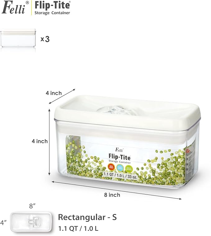 Felli Flip Tite Food Storage Container with Lid 4” RECTANGLE Airtight Ring Flip Lock Top, Stackable Acrylic Canister Set for Kitchen Fridge Pantry Organizer, Veggie Fruit Tea Bag Snack (1.1 qt)