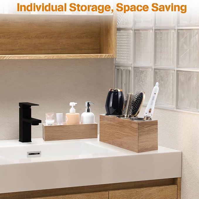 GFWARE Hot Hair Styling Tool Organizer with 3 Stainless Steel Cups, Wood | Hair Accessories Bathroom Vanity Storage, Hair Dryer, Blow Dryer, Curling Iron, Flat Iron, Hot Tools Cooling, Wood-Look