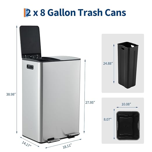 Dual Compartment Trash Can 60L (2x30L), Stainless Steel Recycling Bin with Removable Buckets, Soft Close Odor-Sealing Lid, Collapsible Pedal, Fingerprint Resistant for Home Kitchen or Office