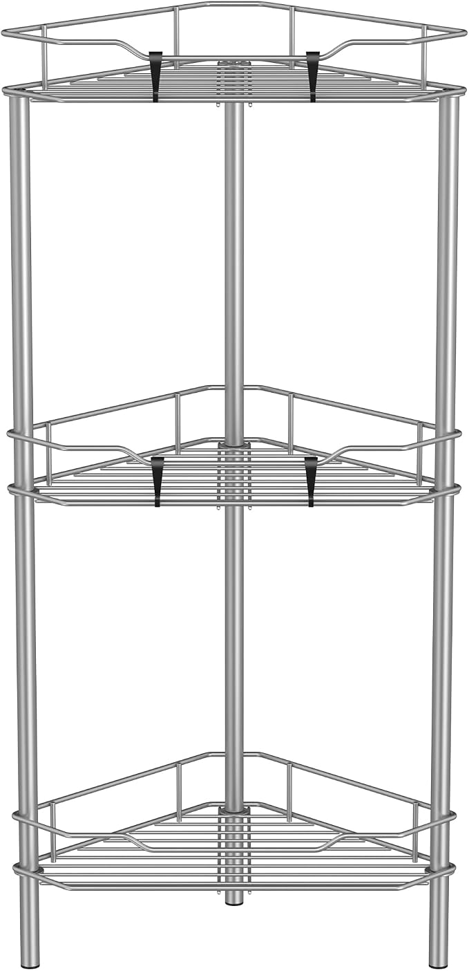 HuggieGems Metal Floor Standing Corner Shower Caddy, Gray, 3 Tier | Adhesive Bathroom Organizer Shelves, Free Standing Shower Rack with Hooks, Hold Large Shampoo Bottles