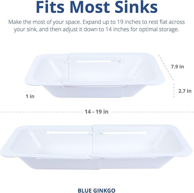 Blue Ginkgo Over Sink Colander, Extendable Kitchen Strainer, White | Fits Most Sinks. Rinse, Drain and Dry with Ease.
