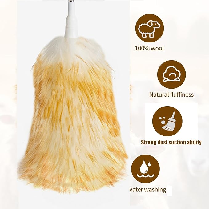 Lambswool Feather Duster with Extension Pole up to 97inch,Extendable Feather Duster Used for Cleaning High Ceiling Fan, High Ceilings,Furniture,Hard to Reach Areas