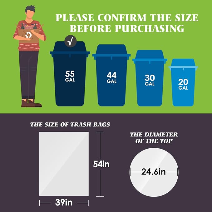 Teivio Large Clear Trash Bags 55-60 Gallon 20 Count 50+ Gal Garbage Bags | Fit 45,50,55,60Gal,Extra Lawn And Leaf Bags Outdoor Yard Workshops Plastic Bins Can Liners for Office Car Commercial Waste
