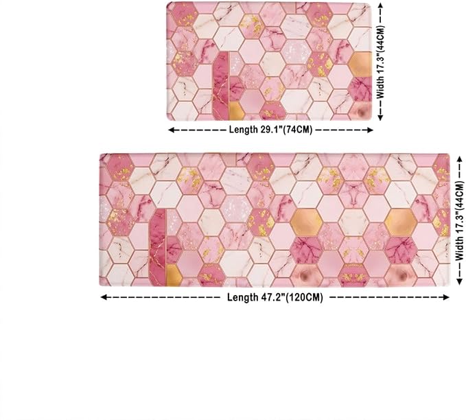Feelyou Marble Kitchen Mat for Floor Pink Ombre 2pcs Kitchen Rug Geometric Waterproof Non-Slip Rugs for Office Laundry Room Decor Accessories