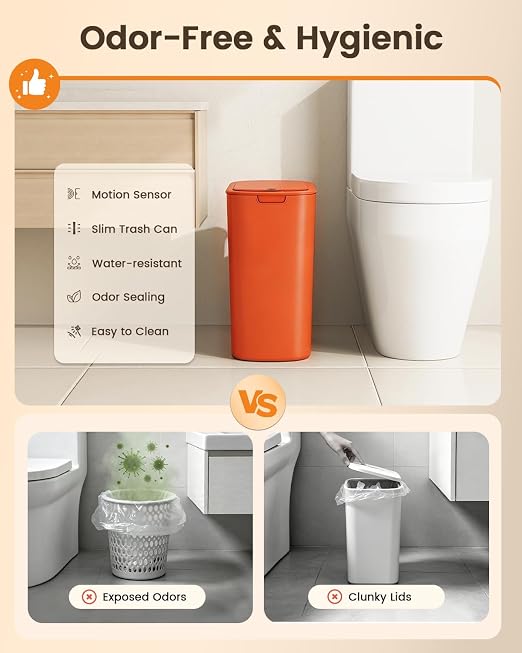 TIPGO 5 Gallon Automatic Bathroom Trash Can with Lid, Orange, Touchless | Motion Sensor, Slim Smart Garbage Bin, Plastic Wastebasket, Battery Operated, Manual Button, for Bedroom, Office,RV