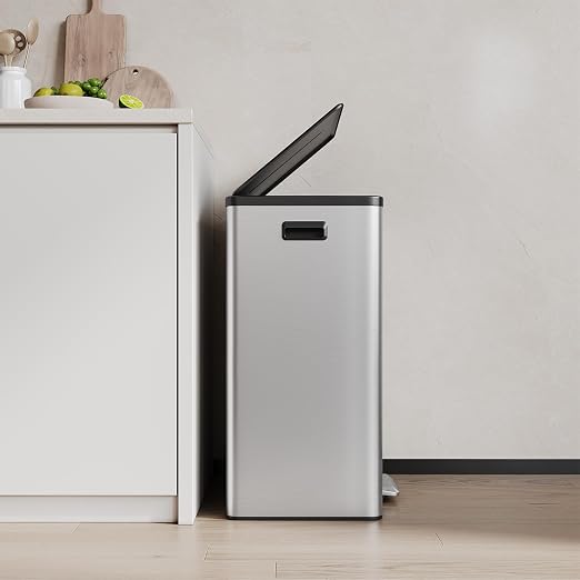 GarveeHome 16Gal Dual Trash Can & Recycle Bin, Stainless Steel Kitchen | Hands-Free Step Pedal, Silent Soft-Close Lid, Fingerprint-Resistant Brushed Steel, 2 Removable Inner Buckets