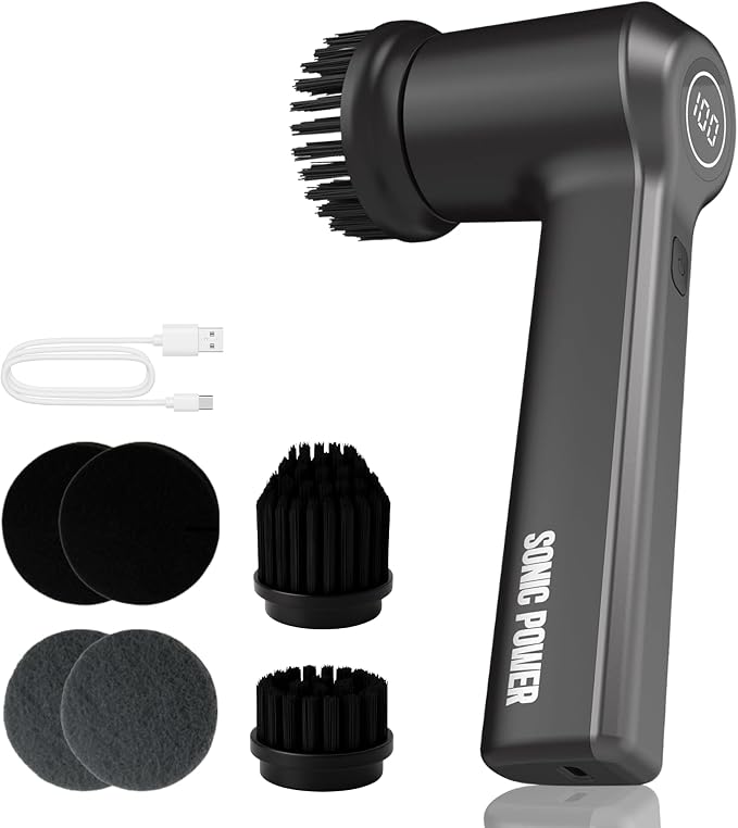 SonicPower Electric Spin Scrubber – Handheld & Ergonomic, IPX7 Waterproof, 4 Multi-Purpose Brush Heads, Long-Lasting Rechargeable Battery – Cleans Dishes, Bathroom, Tile, Grout & Kitchen (Black) | Handheld & Ergonomic, IPX7 Waterproof, 4 Multi-Purpose ...