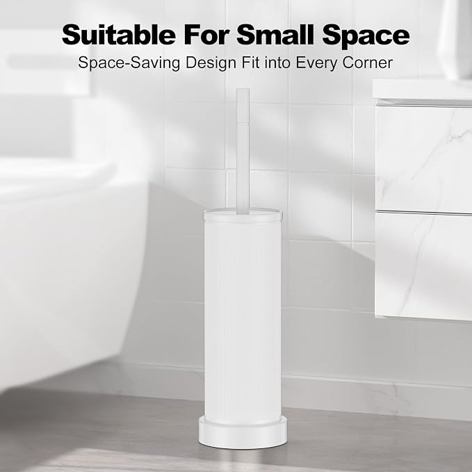 Metal Vertical Grain Toilet Bowl Brush and Holder Set Scrubber White | Extra Long Handle with Splash Guard Cover, Bathroom Space-Saving, Heavy Durable Deep Cleaning, Cleaner Sets for Apartments