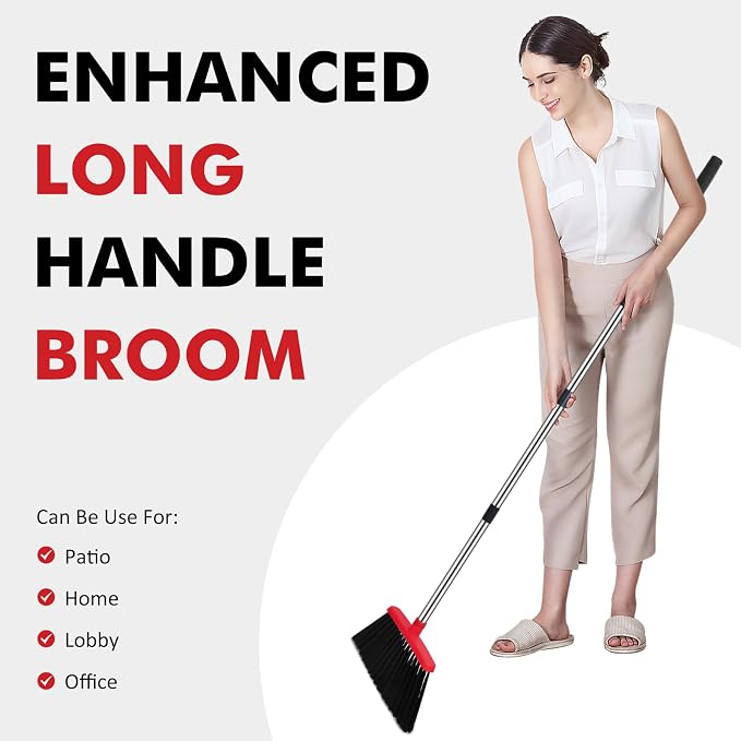 NACENA Heavy Duty Broom, 55 Inch Long Handle Outdoor Large Angle Brooms, Commercial Broom for Sweeping Indoor, for Home Garage Kitchen Office Courtyard Lobby Patio Lawn Concrete, 2 Pack (Black&Red)