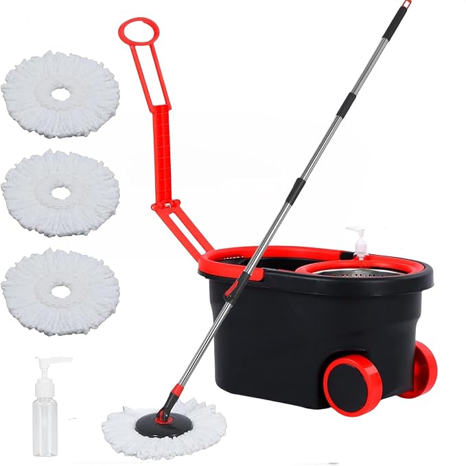 Spin Mop and Bucket with Wringer Set on Wheels,360° Spinning Mop Bucket System for Floor Cleaning, Mop and Bucket Set with 3 Microfiber Mop Replacement Heads and 61" Stainless Steel Adjustable Handle