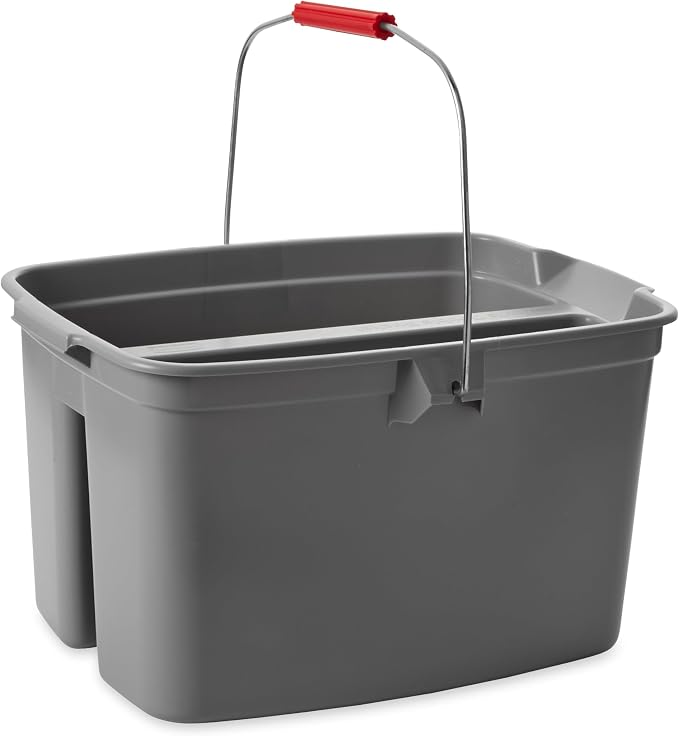 Rubbermaid Commercial Products Double Pail Plastic Bucket for Cleaning Easy to Carry 19 Quart Gray Cleaning Caddy Supplies Organizer with Handle for Bathroom/Kitchen