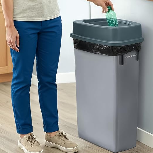 PLASTIC PRINCE 23 Gallon Slim Trash Can with Swing Lid Commercial Gray Rectangular Garbage Can with Drop Shot Lid Waste Bin with Double Flip Top for Restaurant Home Kitchen Office