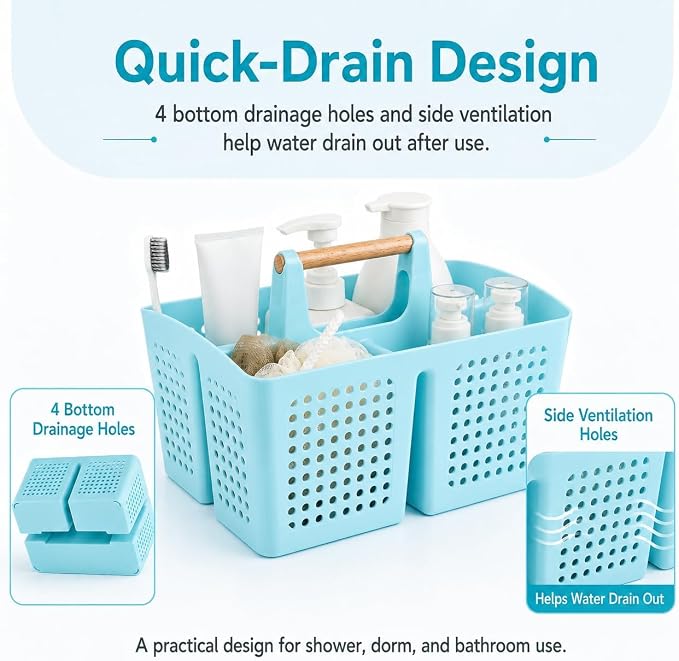 Portable Shower Caddy Basket with 3 Compartments and Handle, Light Blue | Plastic Divided Toiletry Organizer for Bathrooms, Guest Rooms, Spa Areas, Skincare, Pools, Vanities and Dorms