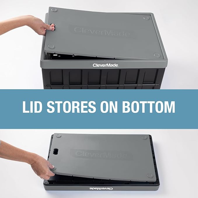 CleverMade Collapsible Storage Bin (With Lid) - 46L - Stone (3PK) | Keep Stored Items Covered and Stackable | Each Bin Holds 75 lb, the Lid Stores Underneath, and the Crate Folds to 2.5 Inches