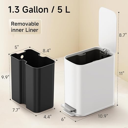 TIPGO Small Bathroom Trash Can with Lid Soft Close,1.3 Gallon, White | Step Pedal, Removable Inner Bucket, 5 Liter Slim Stainless Steel Garbage Can for Bedroom, Office, Kitchen