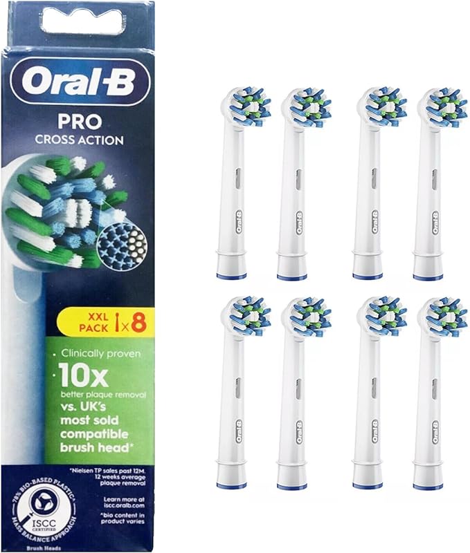 Oral-B Pro Cross Action Electric Toothbrush Head, X-Shape and Angled Bristles for Deeper Plaque Removal, Pack of 8 Toothbrush Heads, White