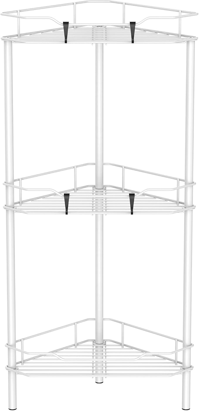 HuggieGems Metal Floor Standing Corner Shower Caddy, White, 3 Tier | Adhesive Bathroom Organizer Shelves, Free Standing Shower Rack with Hooks, Hold Large Shampoo Bottles