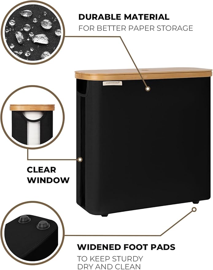 StorageWorks Toilet Paper Storage Basket with Bamboo Lid & Window | See Rolls at a Glance with Clear Window, Holds 16 Regular or 12 Mega Rolls for Bathroom Toilet Paper Storage, Black