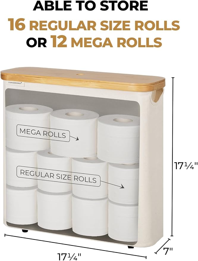 StorageWorks Toilet Paper Storage Basket with Bamboo Lid & Window | See Rolls at a Glance with Clear Window, Holds 16 Regular or 12 Mega Rolls for Bathroom Toilet Paper Storage, Beige