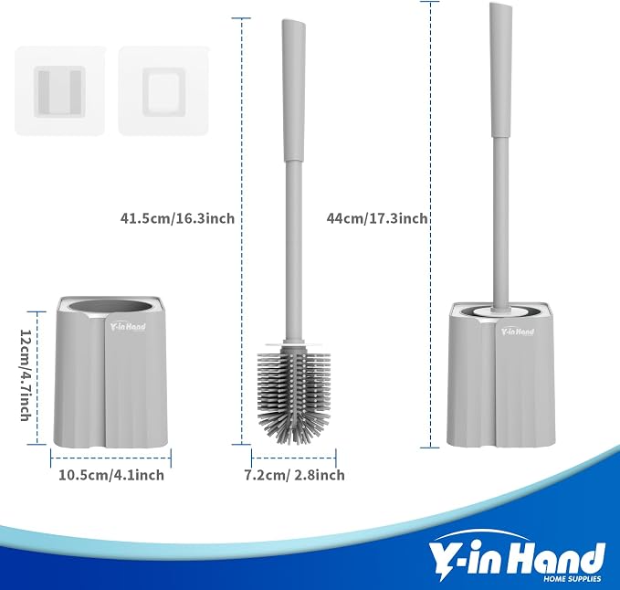 Y-in Hand Toilet Brush and Holder Set, Silicone Toilet Bowl Cleaner Brush Bristles, Bathroom and RV Cleaning Tools, Space Saving Toilet Scrubber, Wall Mountable. (Grey)