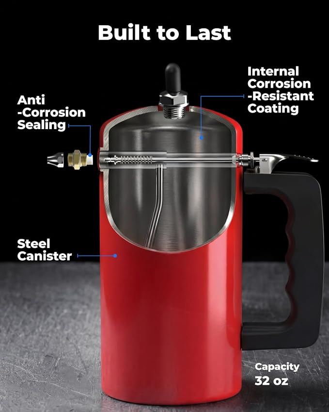 toolant 32oz Refillable Pressurized Sprayer, 200 PSI Max, Red | Brake cleaner and solvents, rust-resistant steel canister, leak-resistant needle valve, dual 1.0/0.6 mm nozzles & funnel