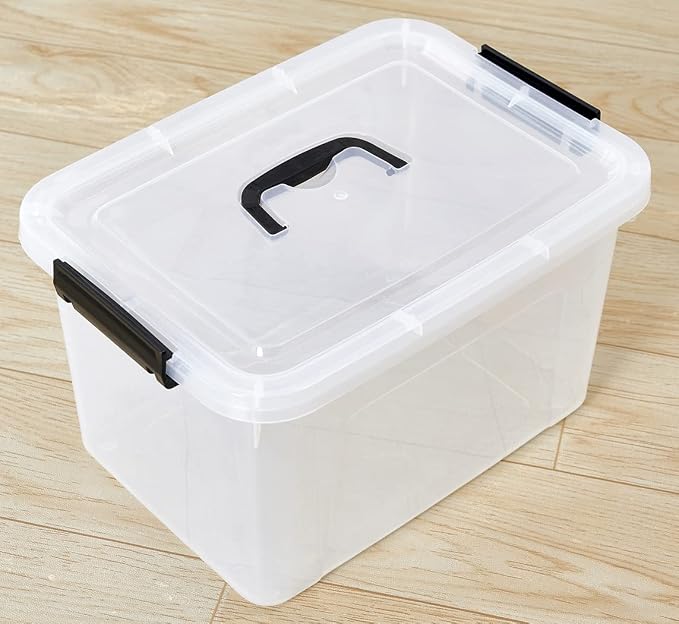 Clear Storage Latch Box 12 Quart, Plastic Organizing Box/Bin with Lid and Black Handles, 6-Pack