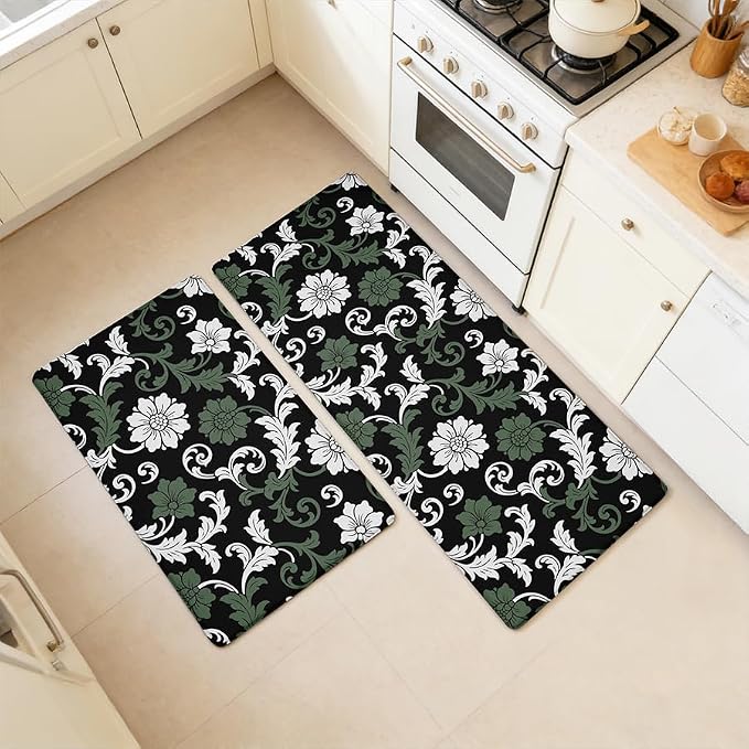 Feelyou Boho Kitchen Rugs Sets 2PCS，Floral Kitchen Mats for Floor，Paisley Cushioned Anti Fatigue，Retro Waterproof Non-Slip Rugs for Office Laundry Room Decor Accessories 17.3"x28"+17.3"x47"inch