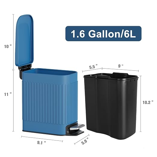 TrashAid Slim Bathroom Trash Can with Lid Soft Close & Pedal, 1.6Gal, Blue | Removable Inner Bucket, Stainless Steel Garbage Can, Small Wastebasket for Toilet/Office/Bedroom, Retro Design, Odor Control