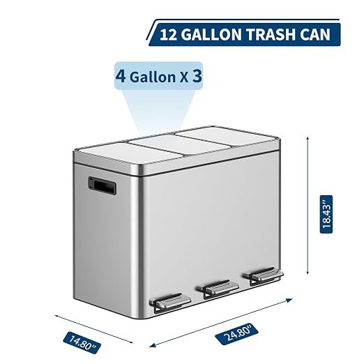 Garvee 12Gal 3-Compartment Kitchen Trash & Recycle Bin Stainless Steel | Fingerprint-Proof, Whisper-Quiet Soft-Close Lid, Removable Inner Buckets, for Kitchen & Office