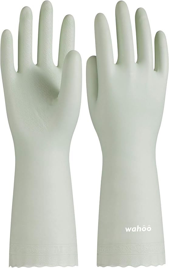 LANON wahoo Cleaning Gloves with Cotton Flocked Liner,Canary Green,Medium | Skin-Friendly,Dish Washing,Reusable,Latex Free,DEHP-Free,Non-Slip,Dishwashing Household Kitchen Gloves