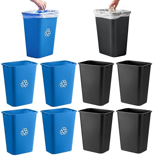 10 Pack, Recycle Wastebasket, 28 Qt. / 7 Gallon Rectangular Wastebasket / Trash Can Kit - Compact Recycling Bin, Slim Design for Business, Kitchen, Household, Workplace, and Dormitory - Black and Blue