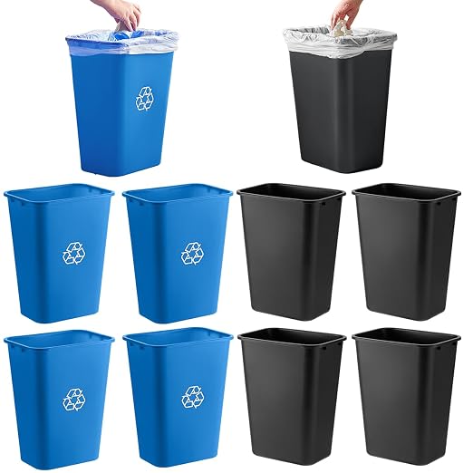 10 Pack, Recycle Wastebasket, 28 Qt. / 7 Gallon Rectangular Wastebasket / Trash Can Kit - Space Saving Recycling Bin, Narrow Spaces in Commercial, Kitchen, Home, Office, and Dorm - Black and Blue