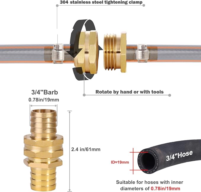 Garden Solid brass Hose Repair Connector with Clamps,Fit for Garden Hose Fitting,Male and Female Hose Fittings 10 Set (3/4"-10 Set)