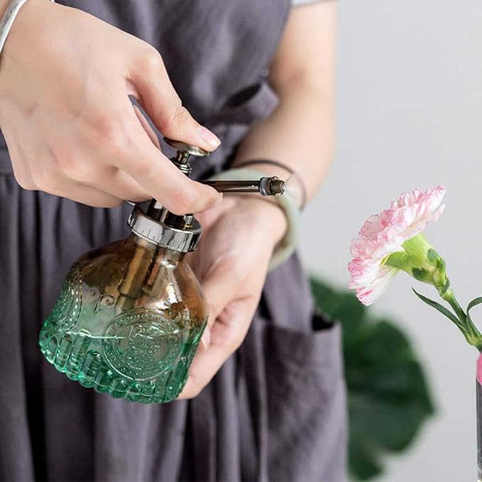 Glass Plant Mister Spray Bottle Indoor Watering Can 6.4inch Tall with Bronze Plastic Top Pump Vintage Small Plant for Outdoor Garden Succulent Flower