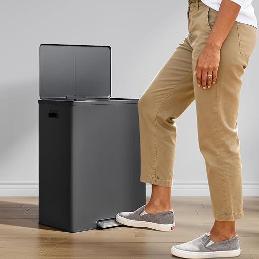 Jojoka Dual Trash Can for Kitchen Recycling and Trash, 16-Gallon Stainless Steel Double Garbage Bin with Lid and Foot Pedal, Soft Close, Removable Compartments for Waste Separation, Home Organization