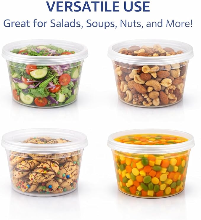 16 oz [24-Pack] Microwavable Plastic Deli Food Storage Containers with Lids | BPA Free, leak-resistant, stackable and freezer-safe design helps keep food fresh and secure