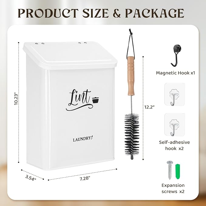 Magnetic Lint Bin for Laundry Room with Brush & Hook - Large Laundry Organizer and Storage, Wall Mounted Trash Can with Lid, Space-Saving Dryer Lint Holder Laundry Room Decor, White