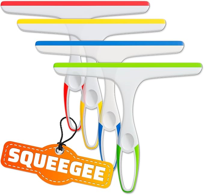 4 Pcs Hand Squeegee for Shower Glass, 9.45 in Silicone Blade | Small Squeegee for Window Cleaning; Streak-Free; Durable Plastic Grip; Hanging Hook; for Mirror, Tile & Glass Doors