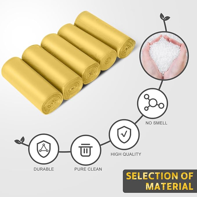 4-6 Gallon Heavy Duty Small Trash Bags, 100 Count (5 Rolls) - Gold | Leak-proof & sealed unscented liners. Fits 4-6 gallon trash cans in bathroom, kitchen, office, bedroom, boat, and cars.