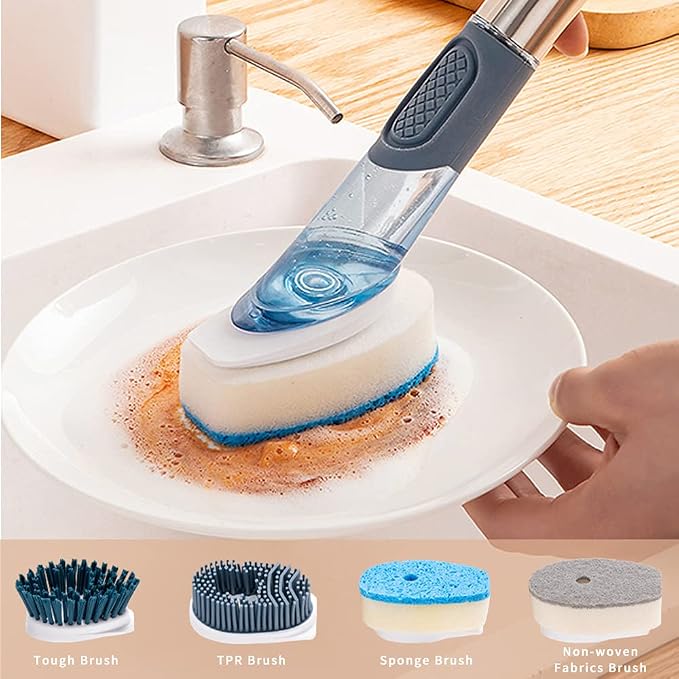 Dish Cleaning Brush, Soap Dispensing Dish Brush Set with 4 Replacement Heads and Storage Holder, Kitchen Scrub Brush for Dish Pot Pan Sink Cleaning (Blue) | Dish Brush with 4 Replacement Heads and Storage Holder, Kitchen Scrub Brush for Dish Pot Pan Si...